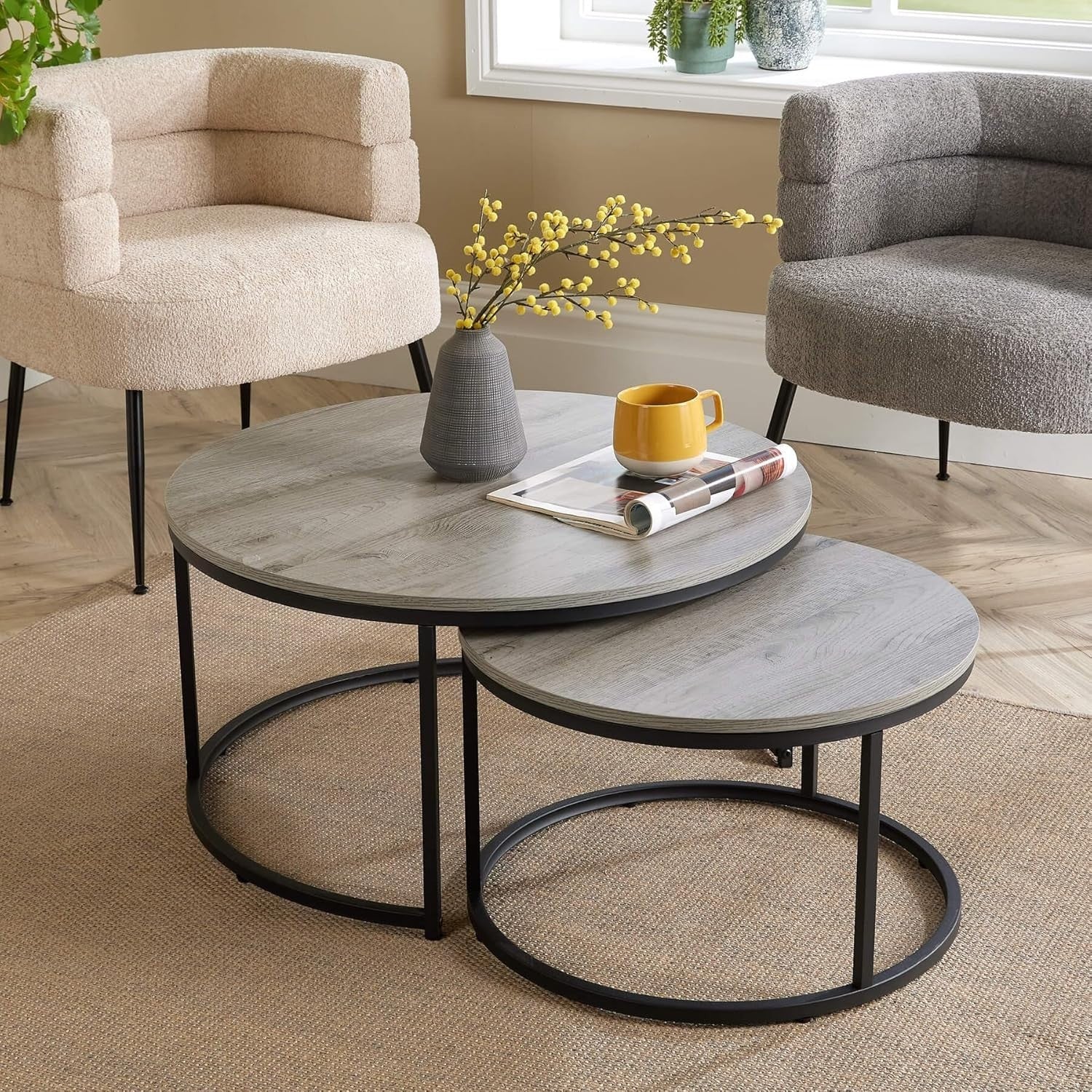 Modern Nesting Coffee Table Set 2 Round Grey Metal Stackable Industrial Style
