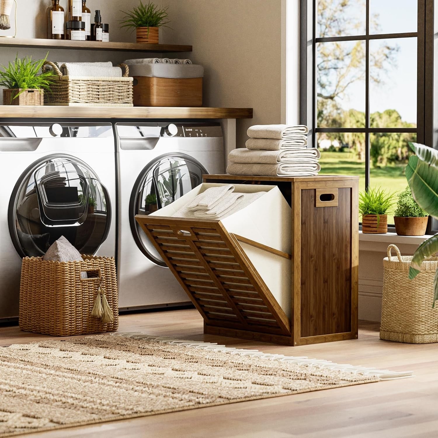 Walnut Bamboo Tilt Out Laundry Hamper Cabinet with Hidden Basket Storage