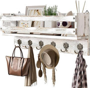 Vintage White Wall Mounted Coat Rack 58cm | Wooden Shelf with 6 Metal Hooks