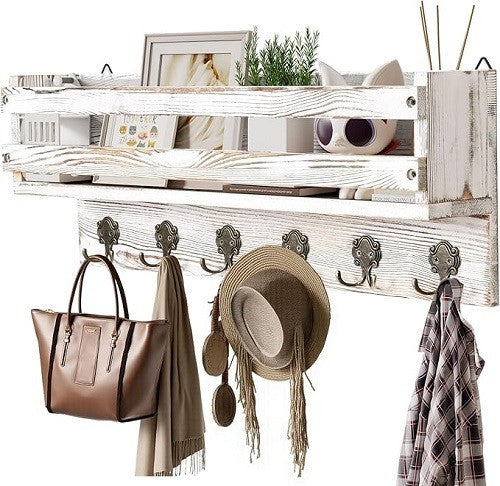 Vintage White Wall Mounted Coat Rack 58cm | Wooden Shelf with 6 Metal Hooks