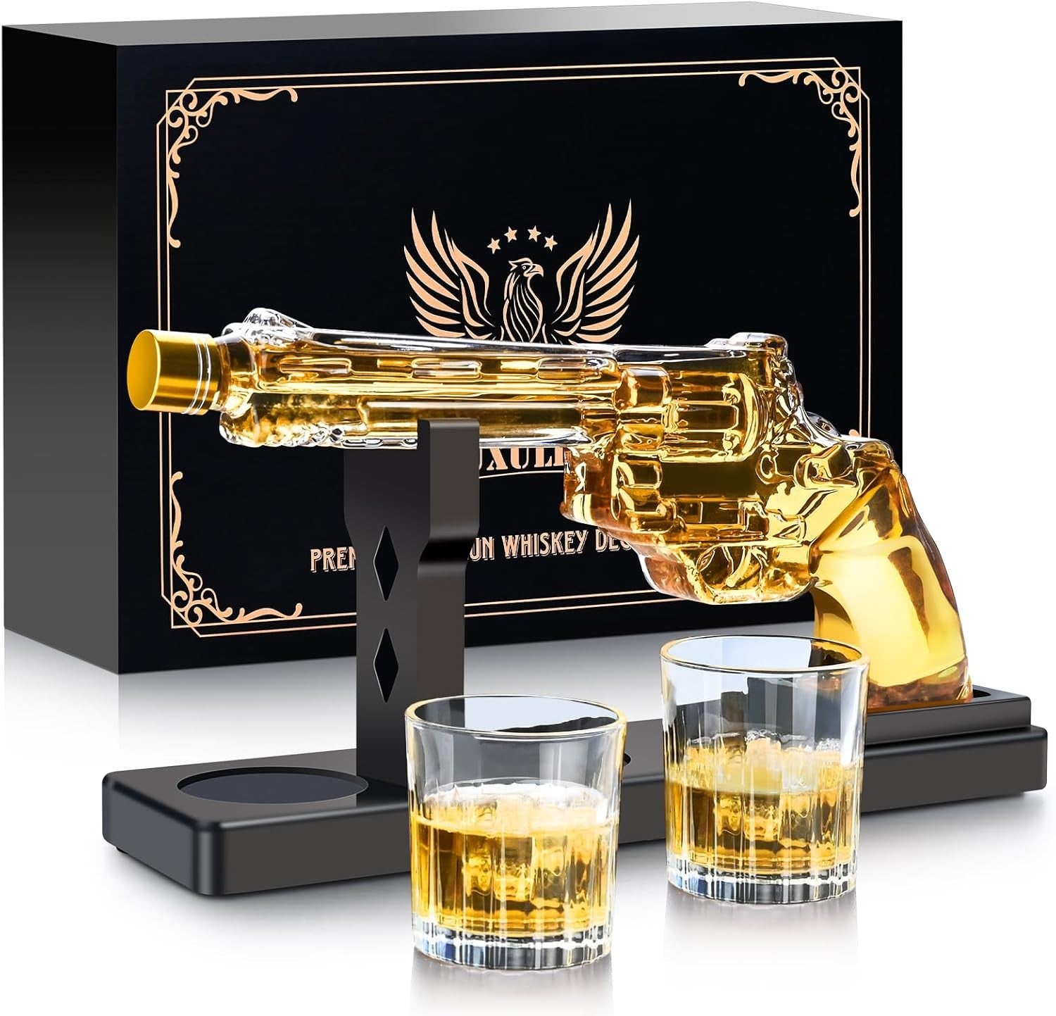 Gun Style Whiskey Decanter Set with 2 Shot Glasses Revolver Liquor Gift 9oz