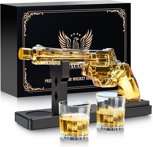 Gun Style Whiskey Decanter Set with 2 Shot Glasses Revolver Liquor Gift 9oz