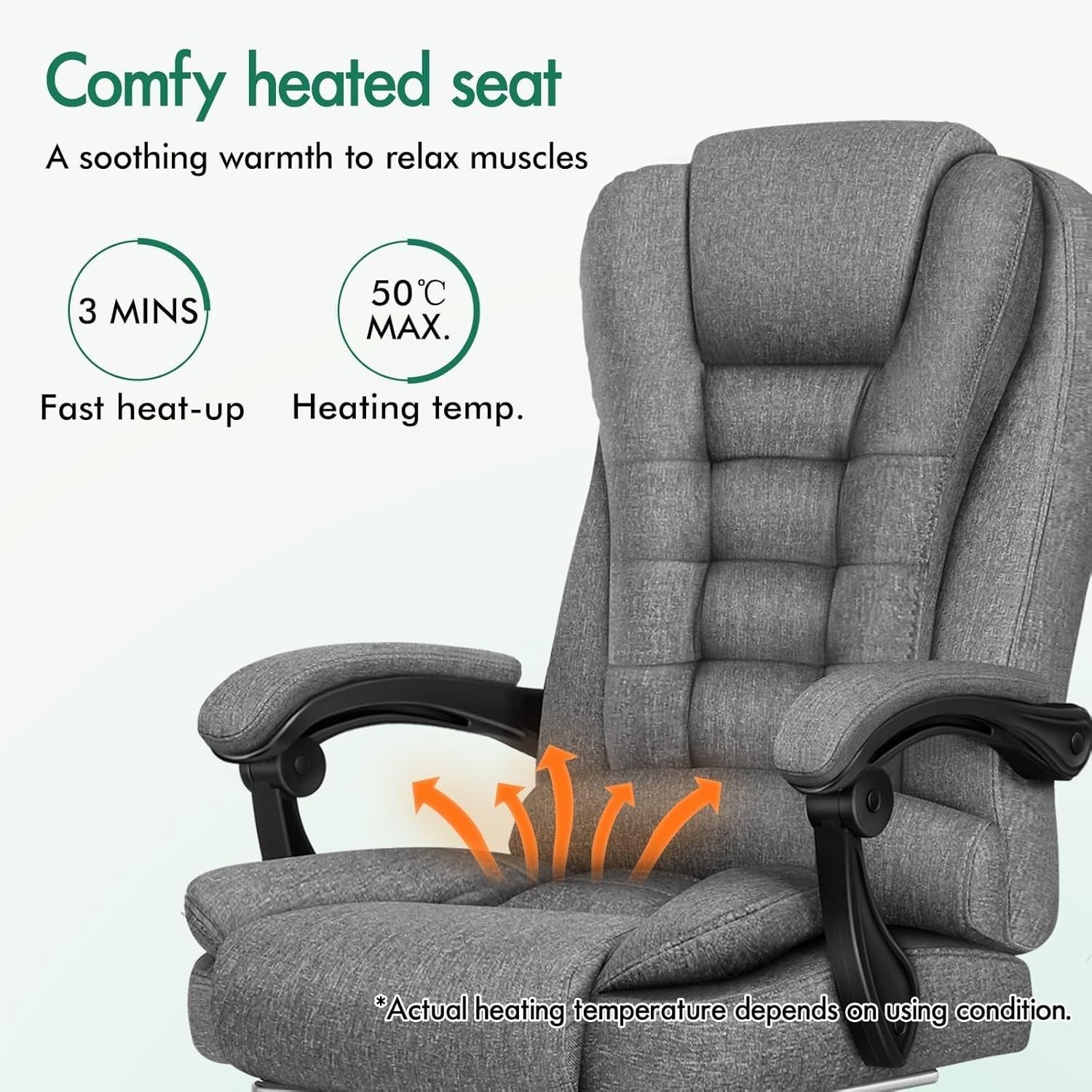 Office Gaming Chair Heated Massage Linen Fabric Reclining Swivel Desk Seat Grey