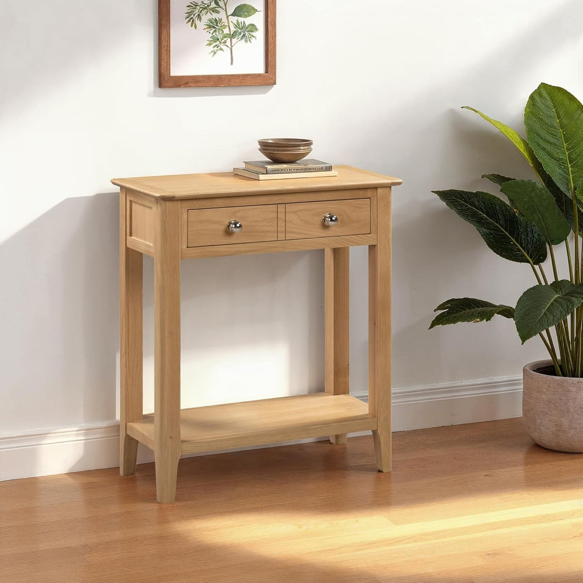 Solid Oak Console Table with Drawers & Shelf, Durable & Classic Design