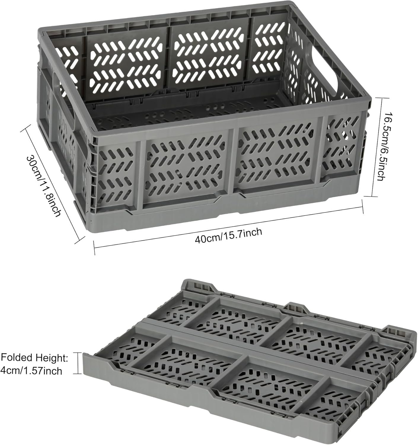 4x 20L Folding Storage Crates Collapsible Plastic Stackable Bins Grey
