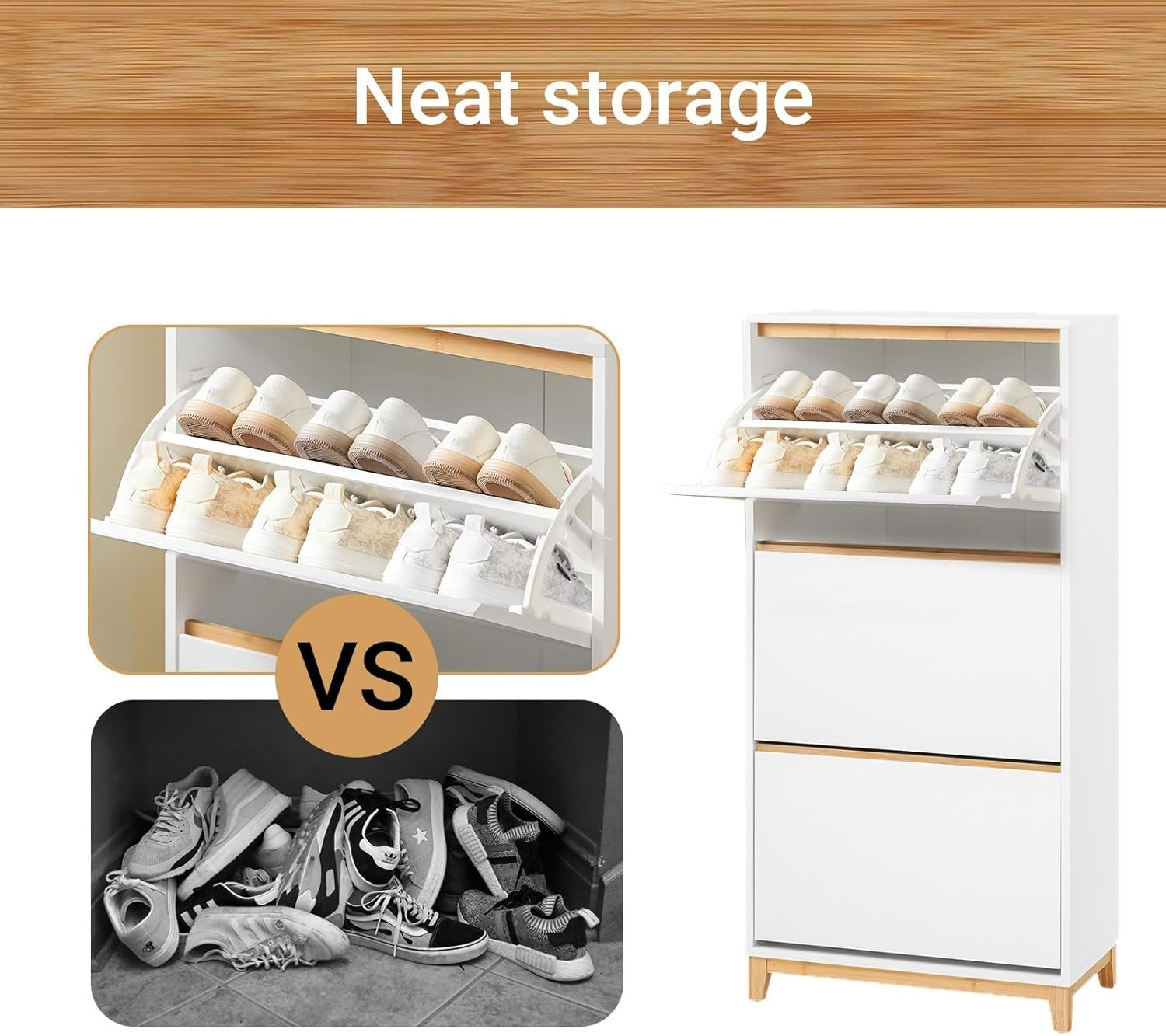 White Slim Shoe Cabinet with 3 Flip Drawers Narrow Hallway Storage 60x34x122cm