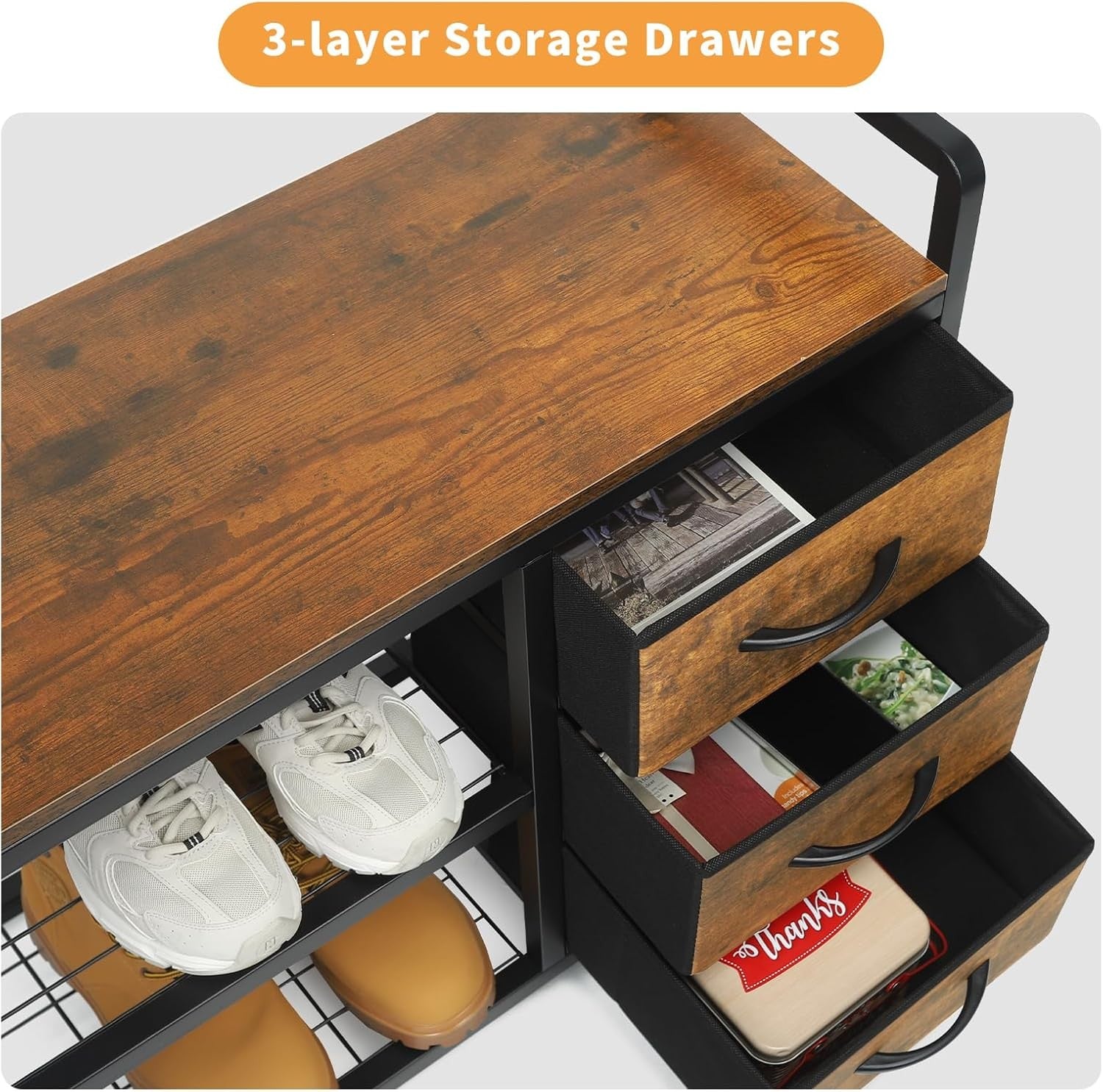 Industrial Coat Rack with Drawers & Shoe Bench | Rustic Brown Hall Tree Stand