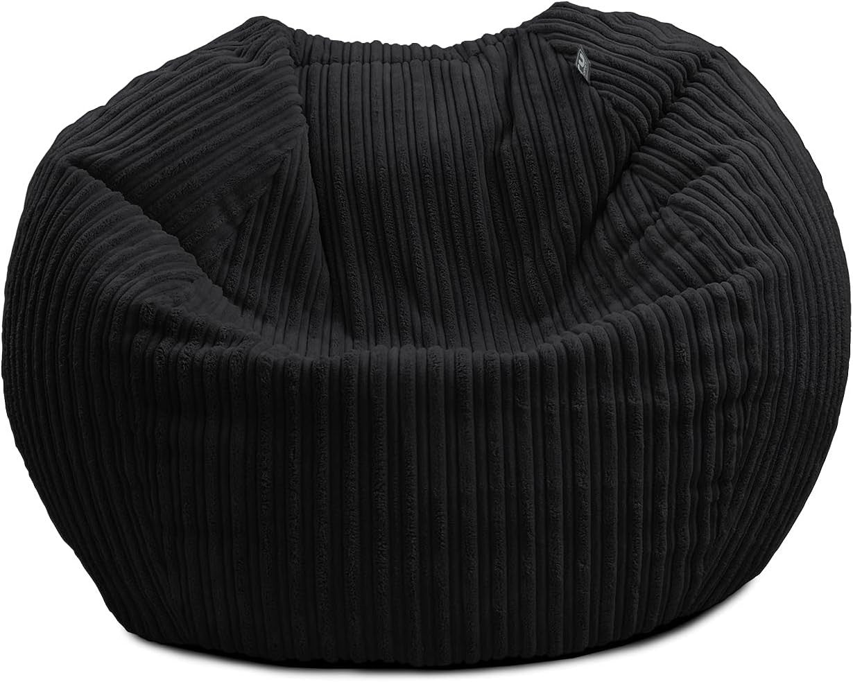 Kids Cord Bean Bag Chair - Soft Mini Slouch Seat, Black, Washable, 60x80cm