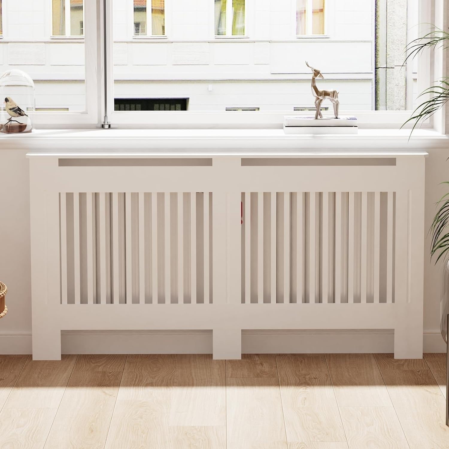 Large Radiator Cover White MDF Cabinet | Vertical Slats Tall Shelf 100cm