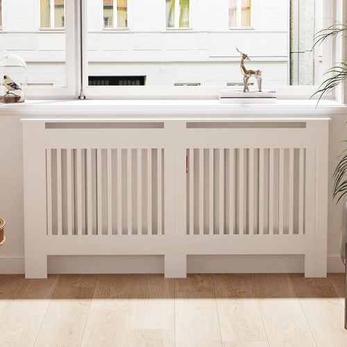 Large Radiator Cover White MDF Cabinet | Vertical Slats Tall Shelf 100cm