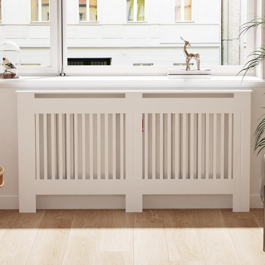 Large Radiator Cover White MDF Cabinet | Vertical Slats Tall Shelf 100cm