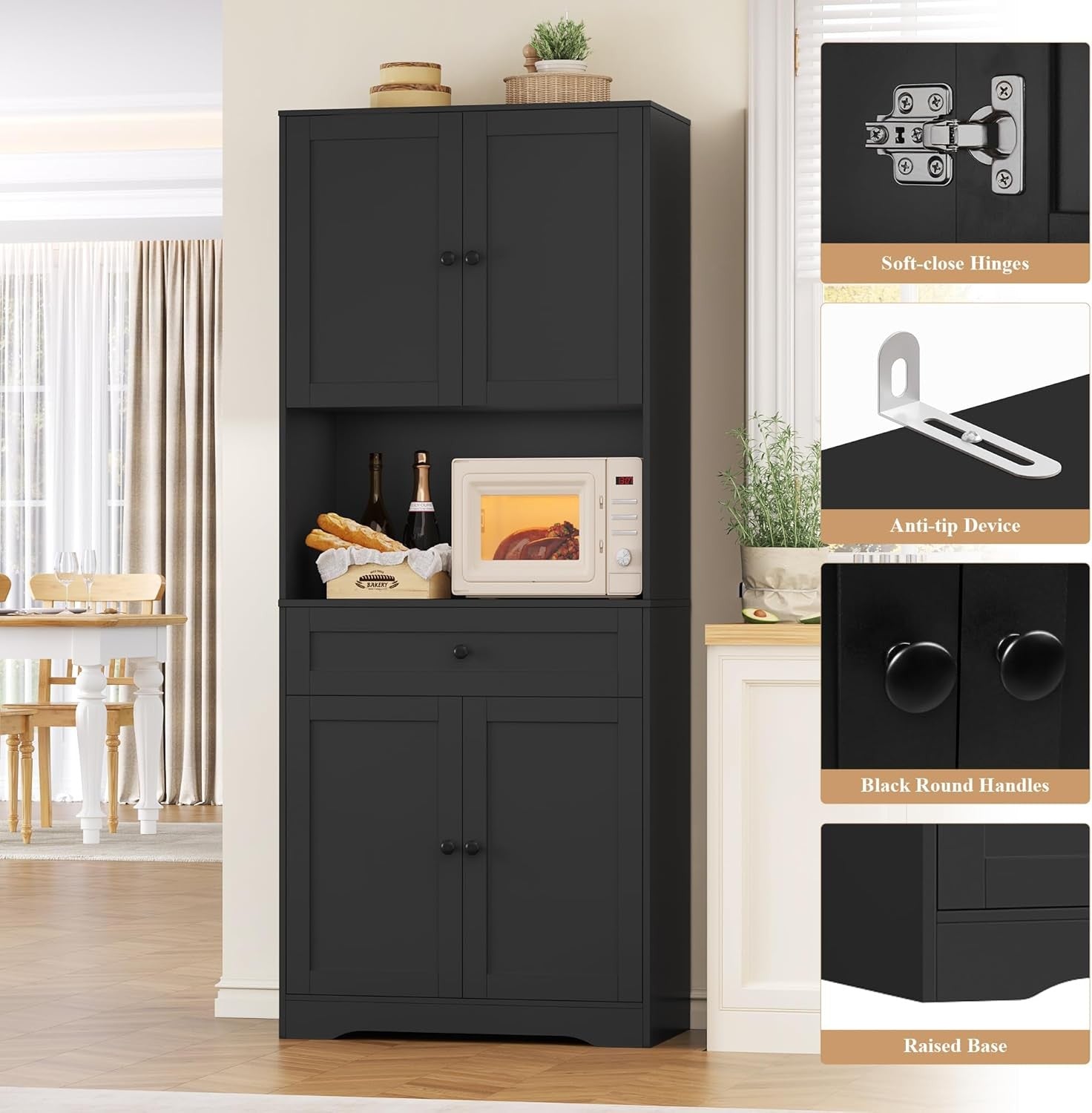 Tall Black Kitchen Cabinet Cupboard with Countertop & Adjustable Shelves