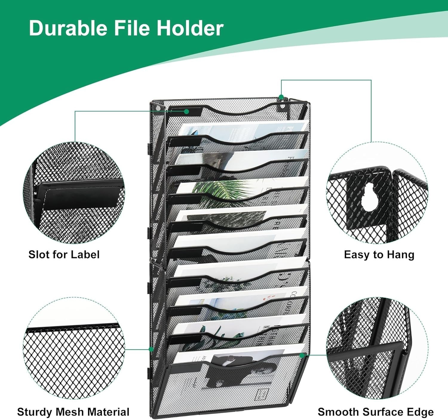 Wall-Mounted 10-Pocket Metal Desk Organizer | Vertical File & Magazine Rack