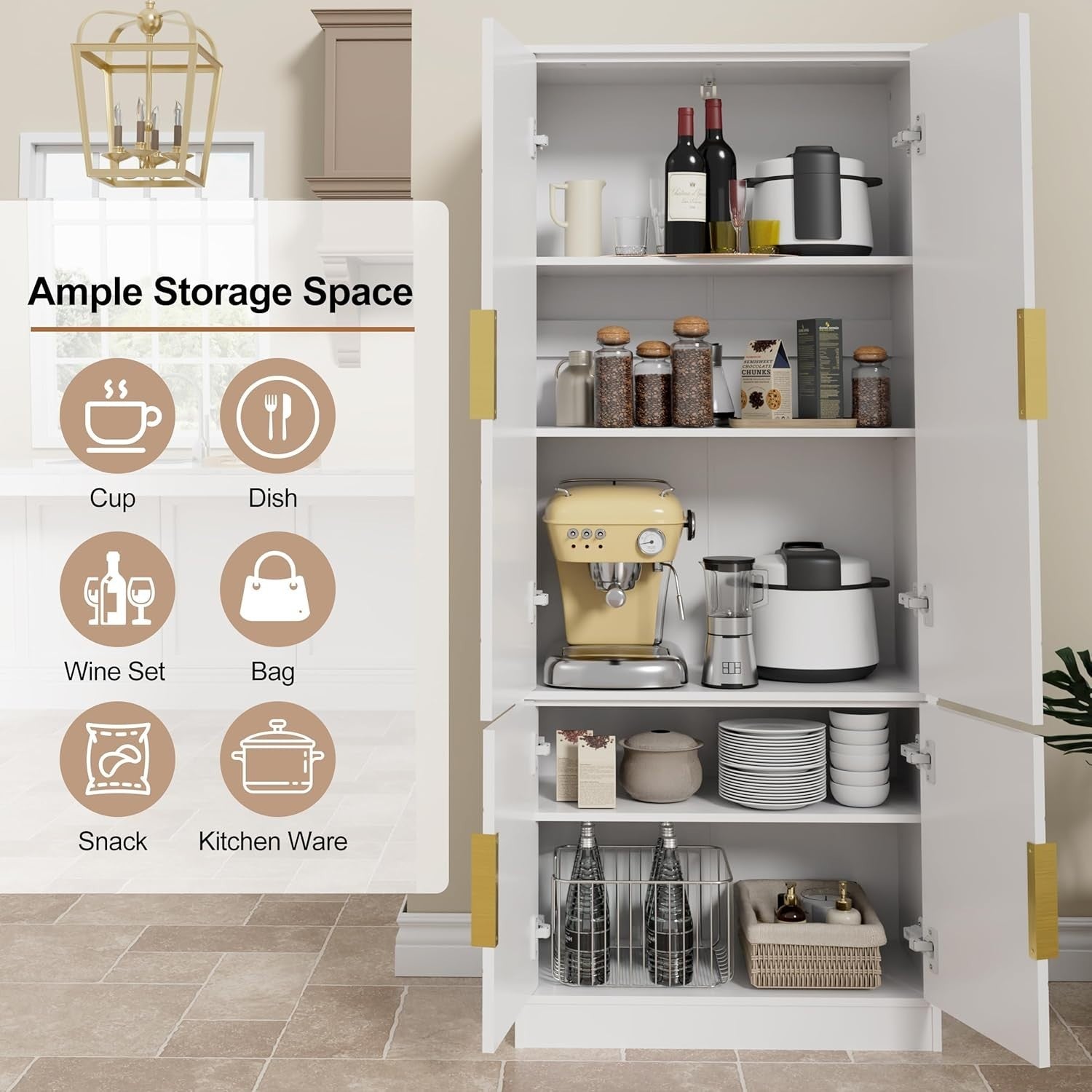 Tall Kitchen Cupboard White 4-Door Buffet Cabinet Storage Unit