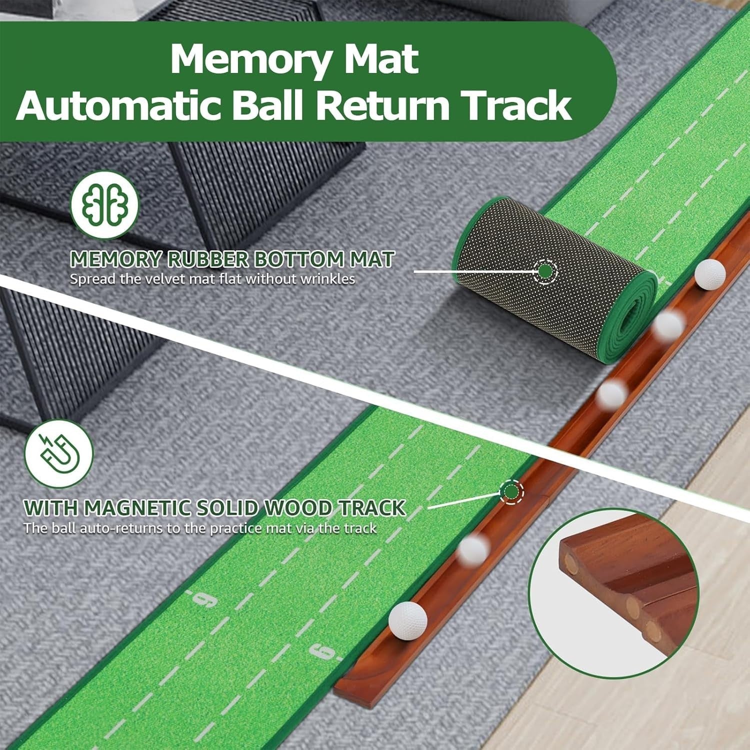 Golf Putting Mat Indoor Practice Green Auto Return Wooden Base Trainer