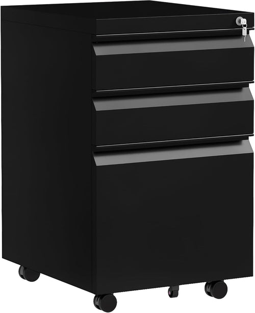 Black 3 Drawer Mobile Filing Cabinet Lockable Steel Office Storage with Wheels