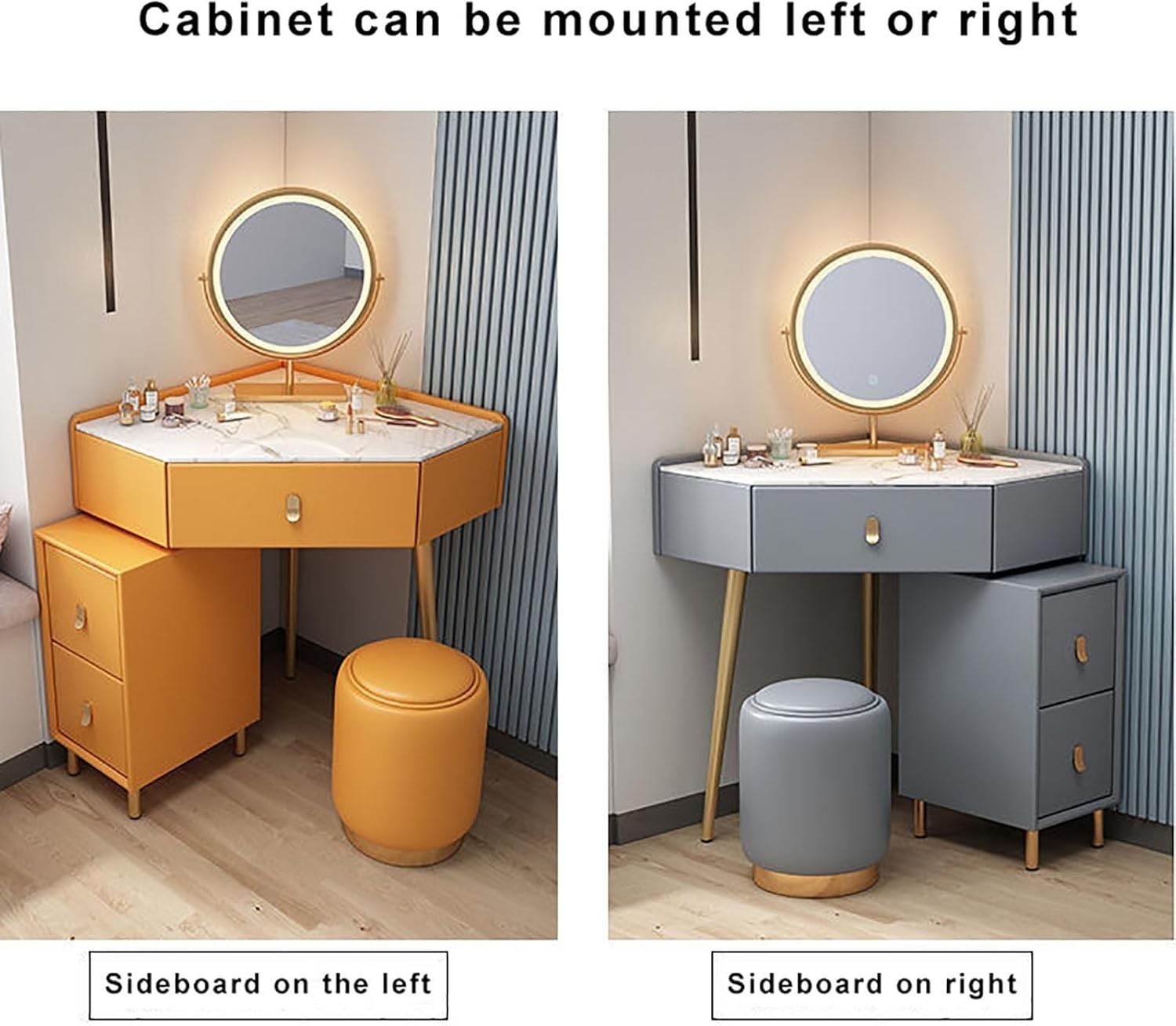 Corner Makeup Vanity Desk Set w/ Lighted Mirror, Solid Wood Dressing Table