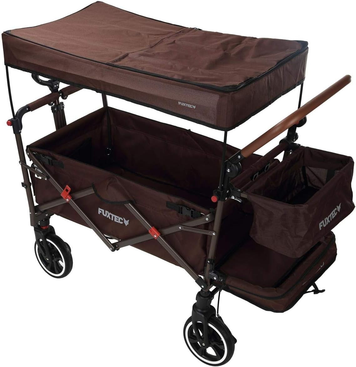 Brown Folding Stroller Wagon Kids Push Pull Cart w/ Canopy & Safety Harness