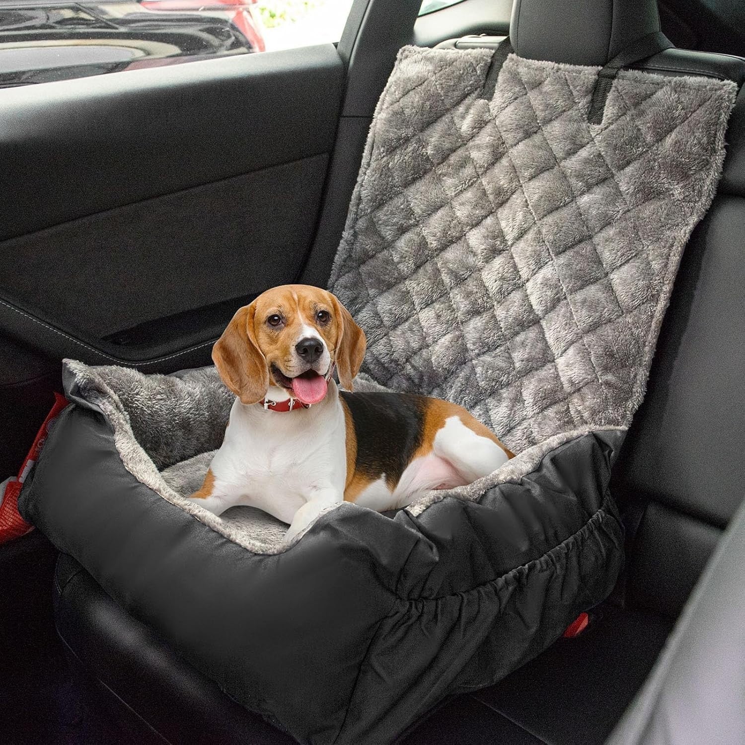 Luxury Plush Dog Car Seat Bed Pet Booster with Safety Leash Storage Pocket