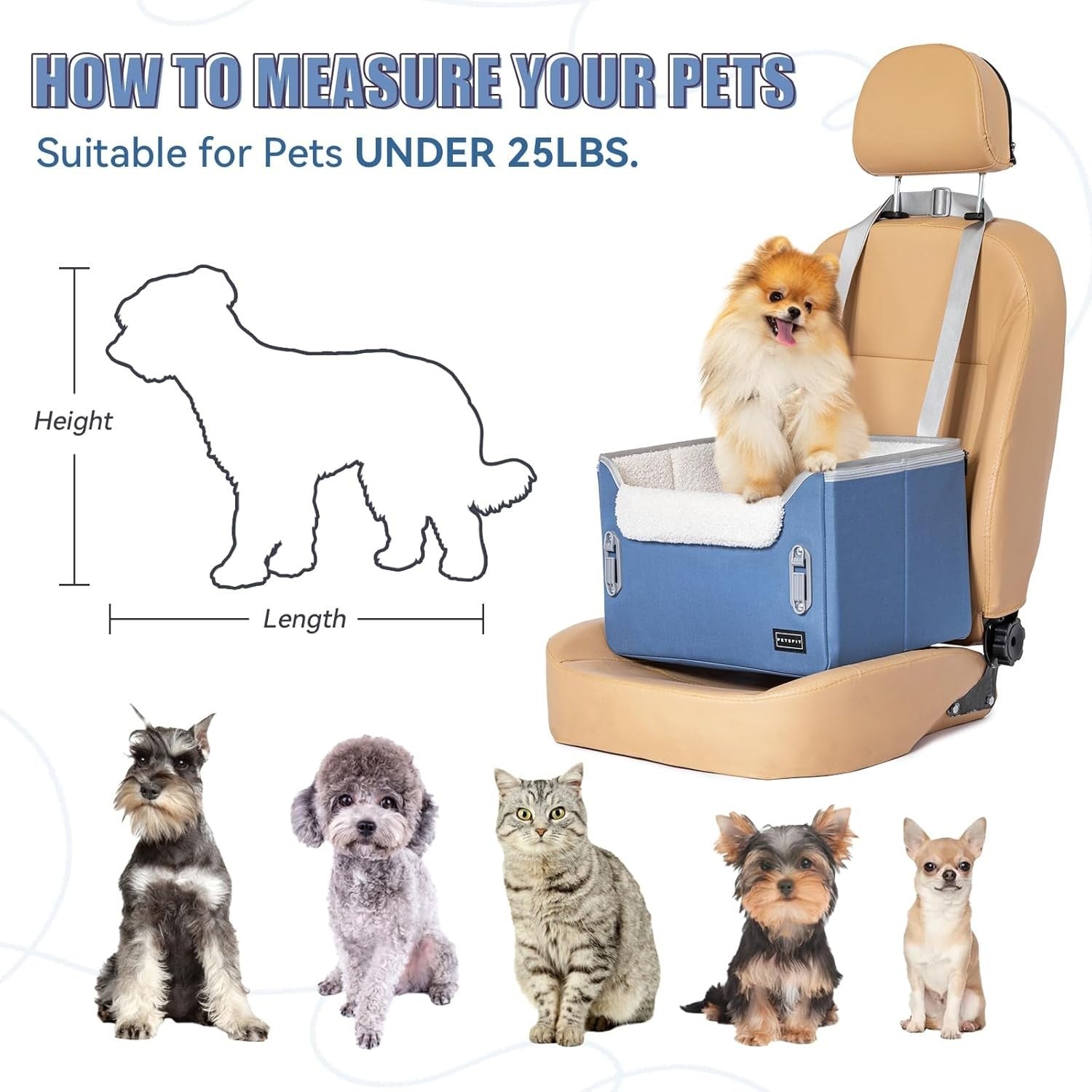 Dog Booster Car Seat Adjustable Height Travel Bed Safety Leashes Blue