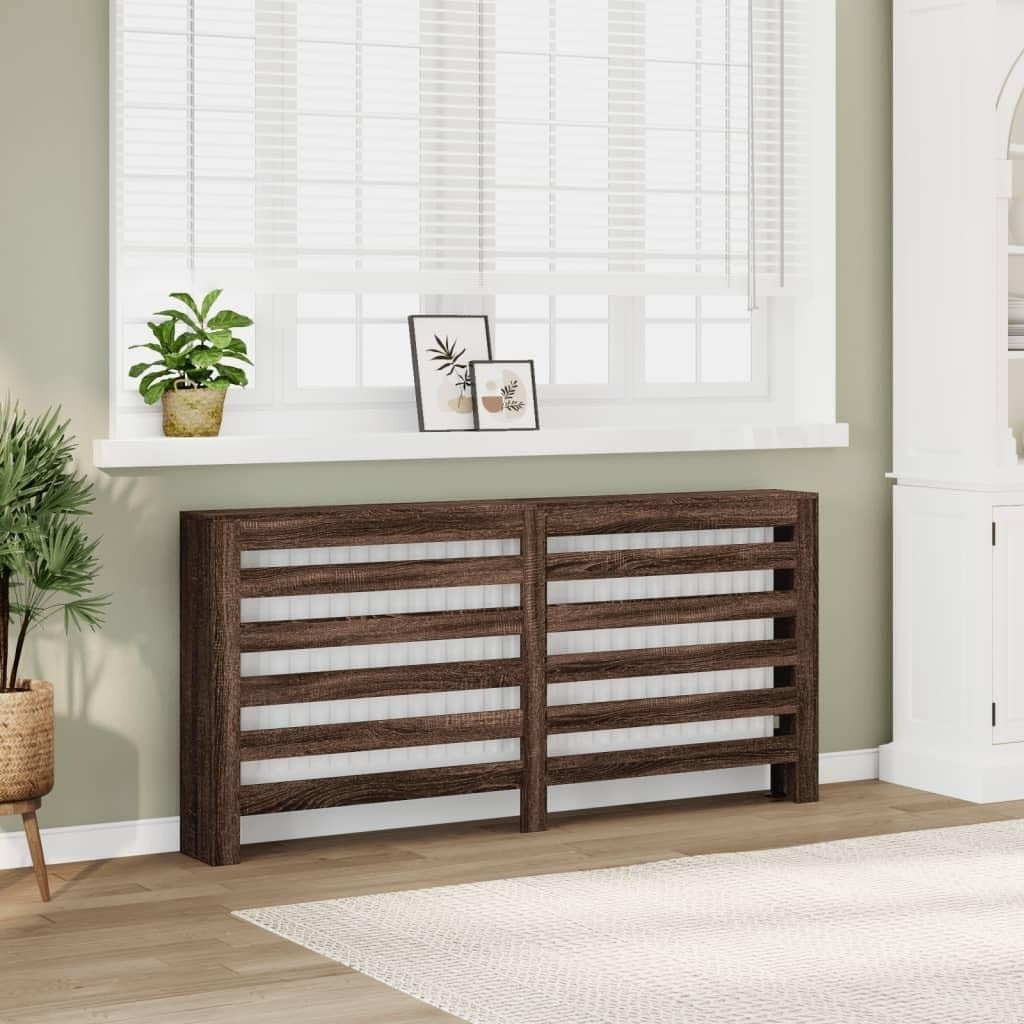 Large Brown Oak Radiator Cover Shelf 175x20x82cm – Modern Slatted Heater Cabinet