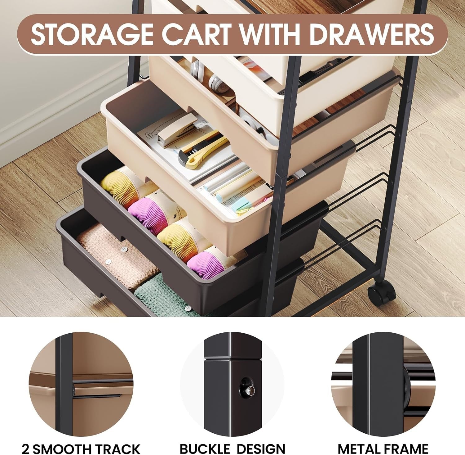 6 Drawer Rolling Storage Cart Utility Trolley with Wooden Top Brown