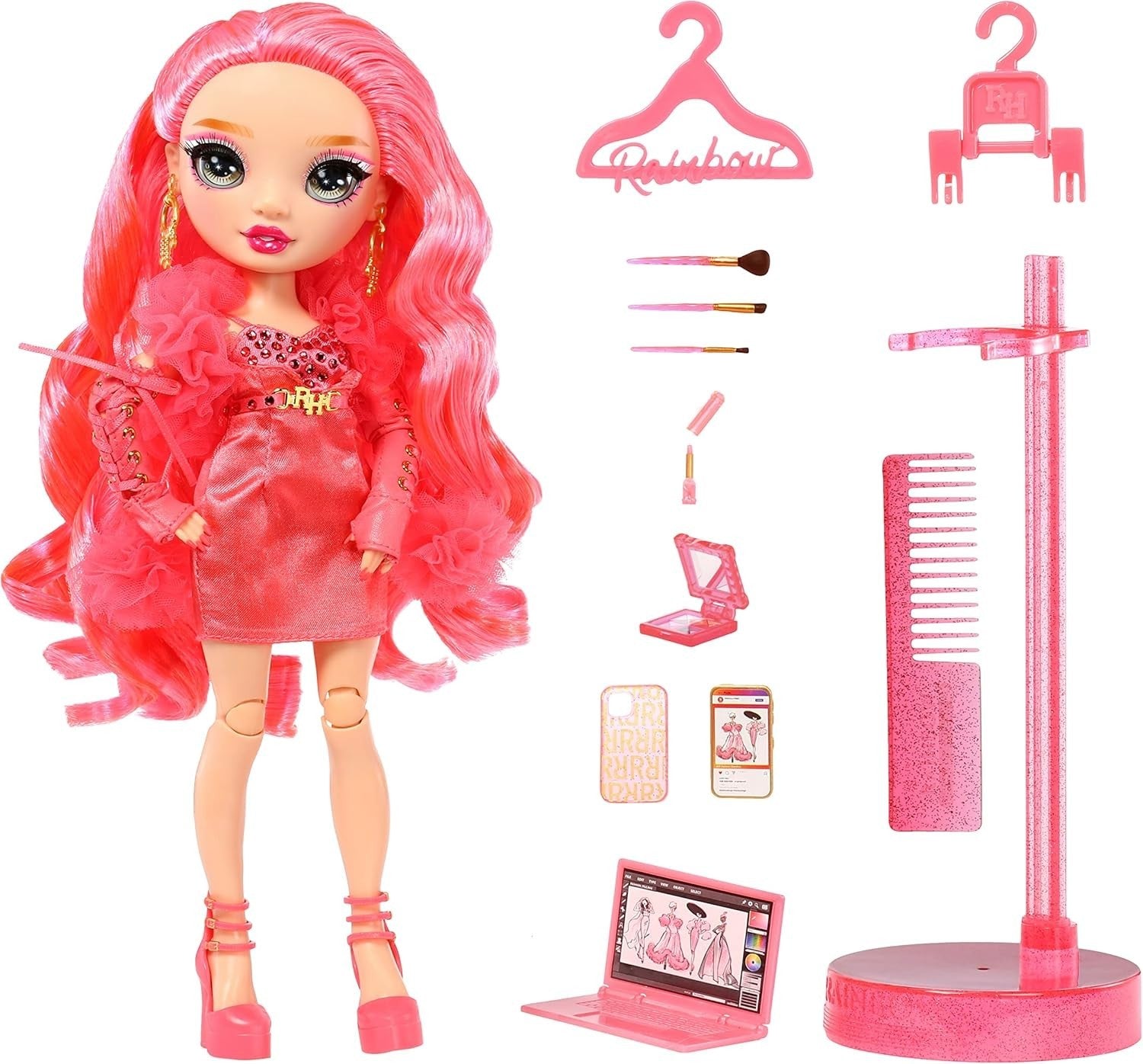 Pink Fashion Doll Poseable Satin Dress 10+ Accessories Display