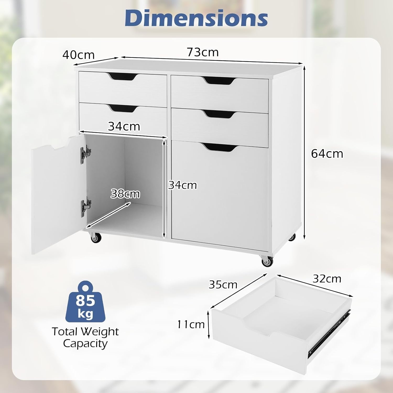 White 4 Drawer Mobile File Cabinet 73x40x64cm Printer Stand