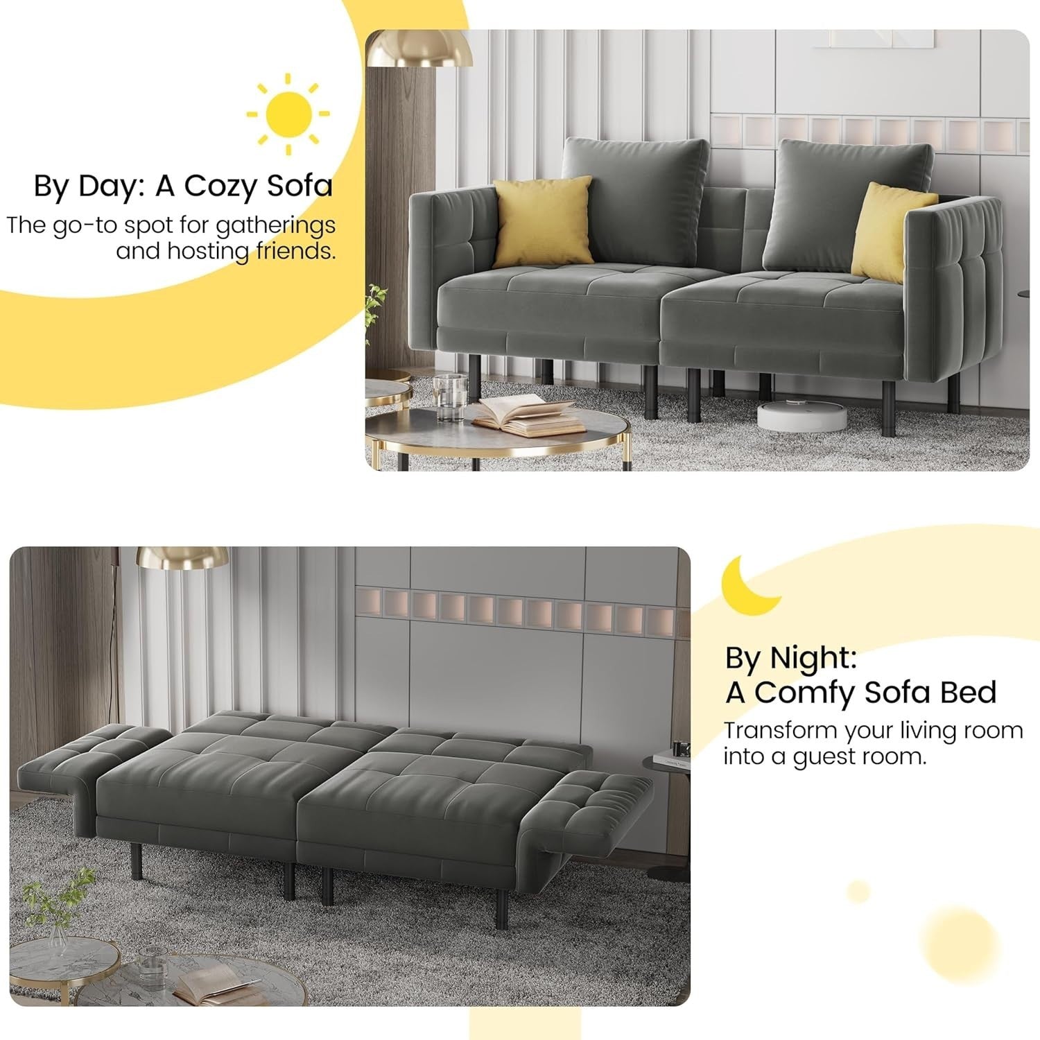 Luxury Grey Velvet Sofa Bed 2 Seater Futon Couch + Pillows Sleeper