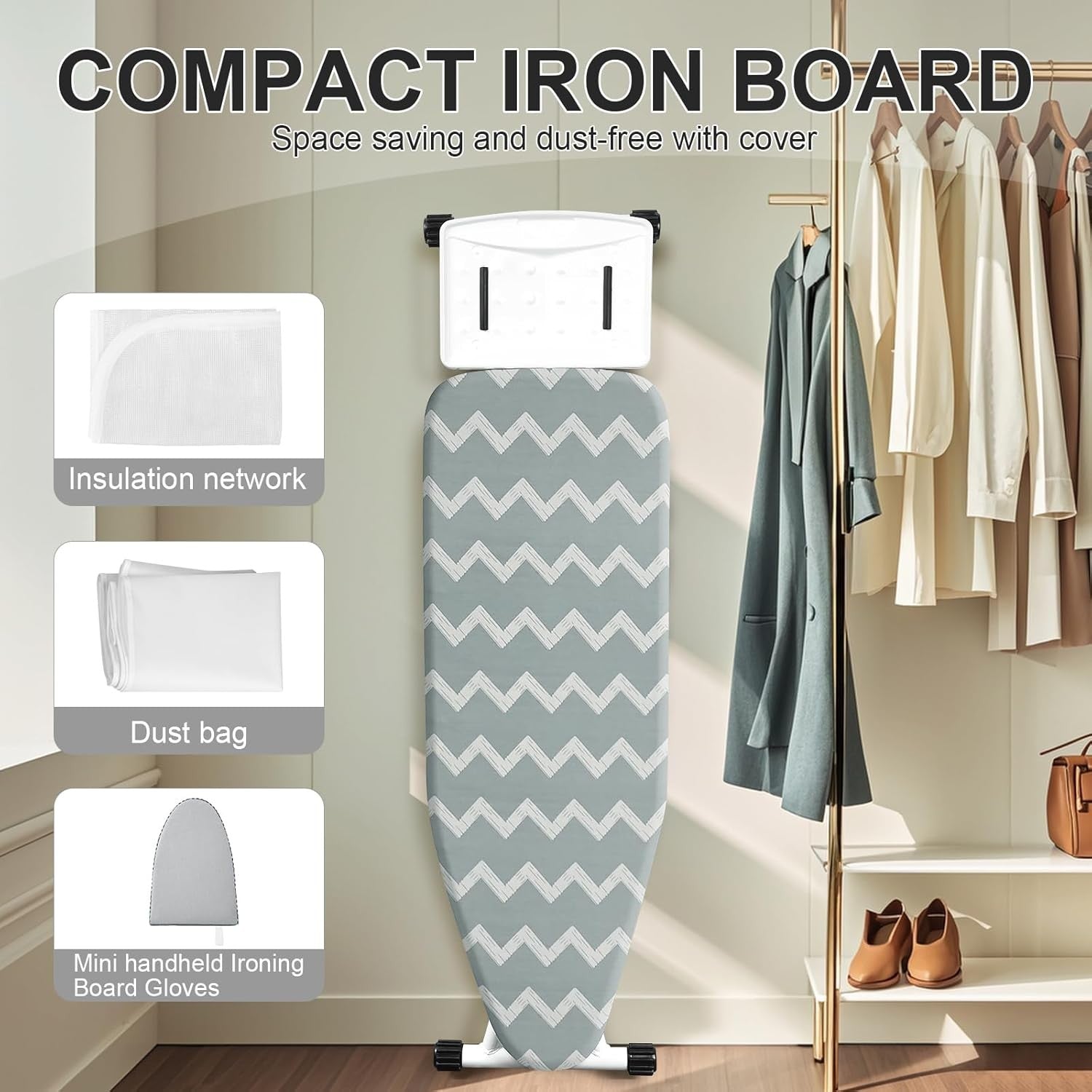 Adjustable Folding Ironing Board Blue Waves Compact Steel Frame with Iron Rest