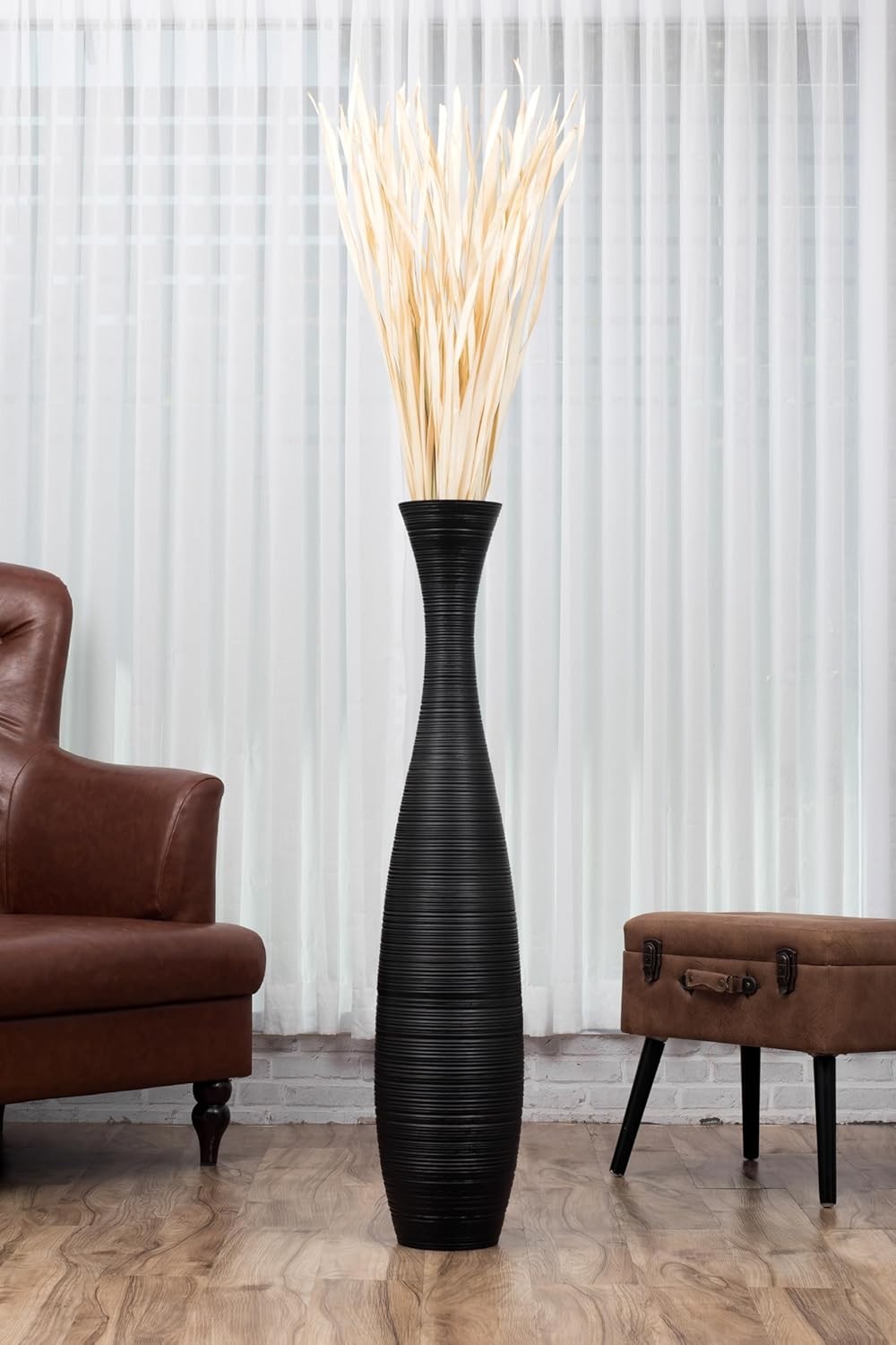Tall Black Floor Vase 105cm Wooden Decor for Pampas Grass Display