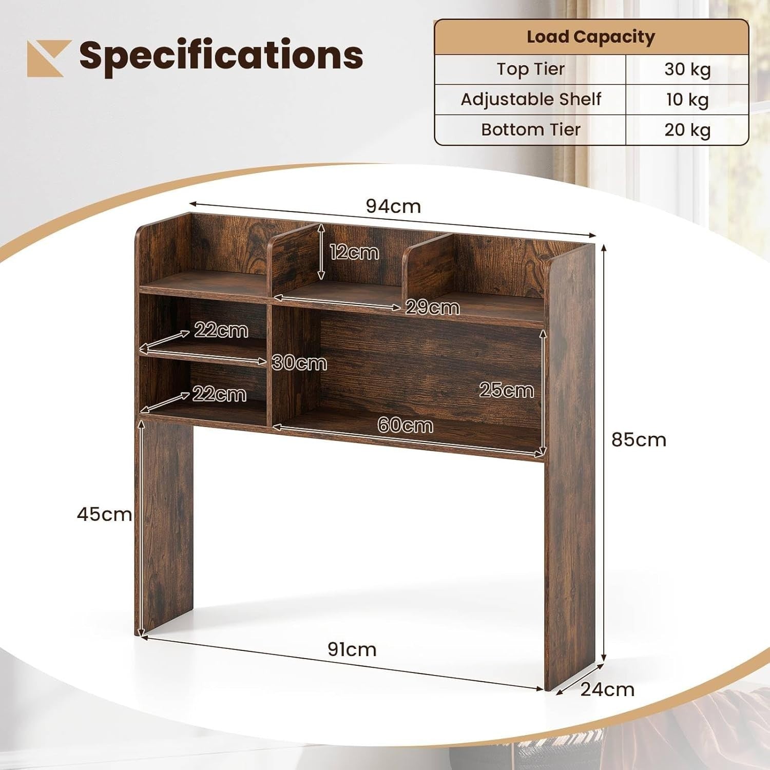 94cm Rustic Desk Hutch – 3-Tier Desktop Bookshelf with Adjustable Shelves