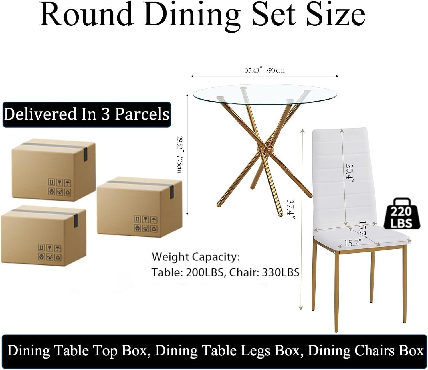 Round Glass Dining Table Set with 4 Chairs | Gold Legs | Compact & Stylish