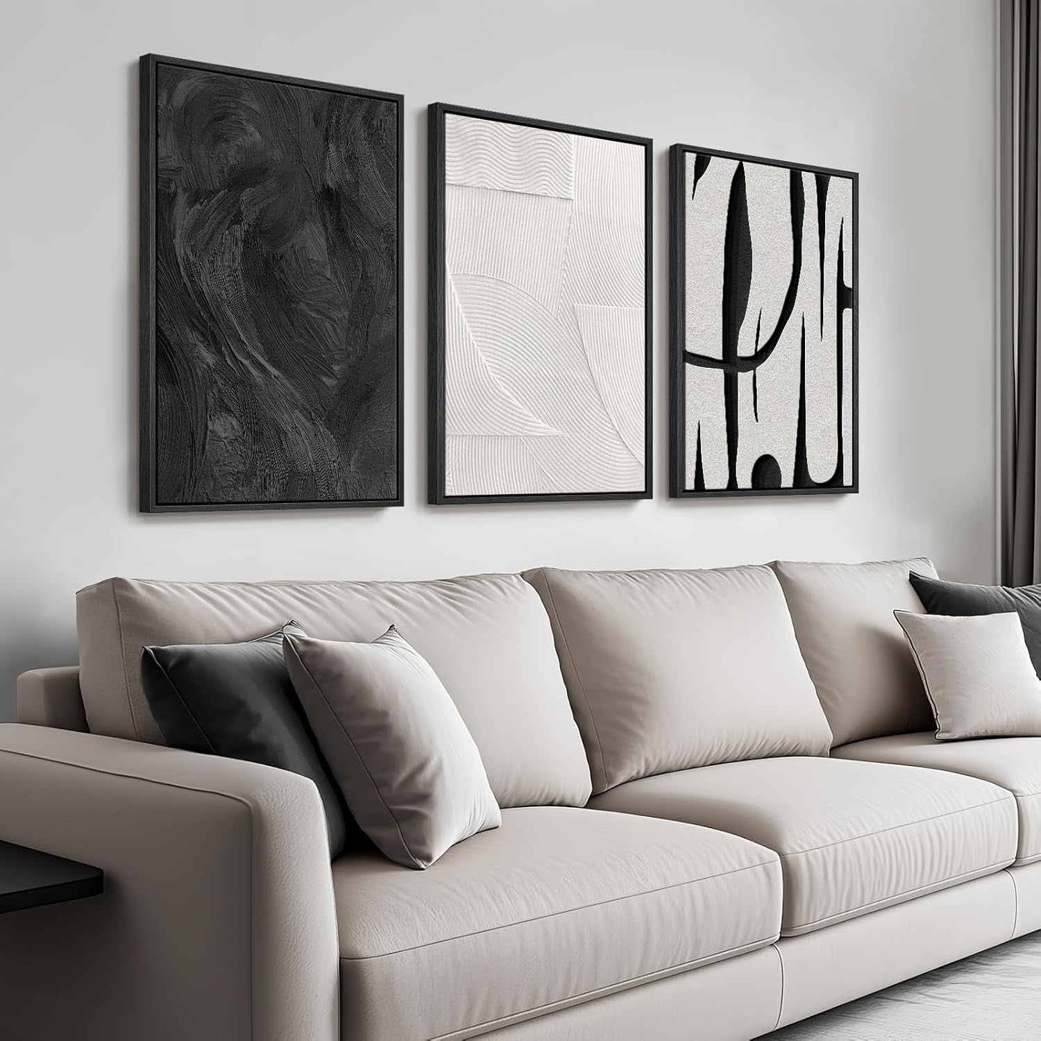 Black White Abstract Canvas Wall Art 3 Panels 16x24" Modern Decor