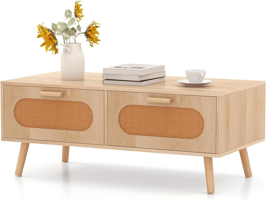 Wooden Coffee Table with 2 Rattan Drawers Storage & Solid Wood Legs 100x50x41cm