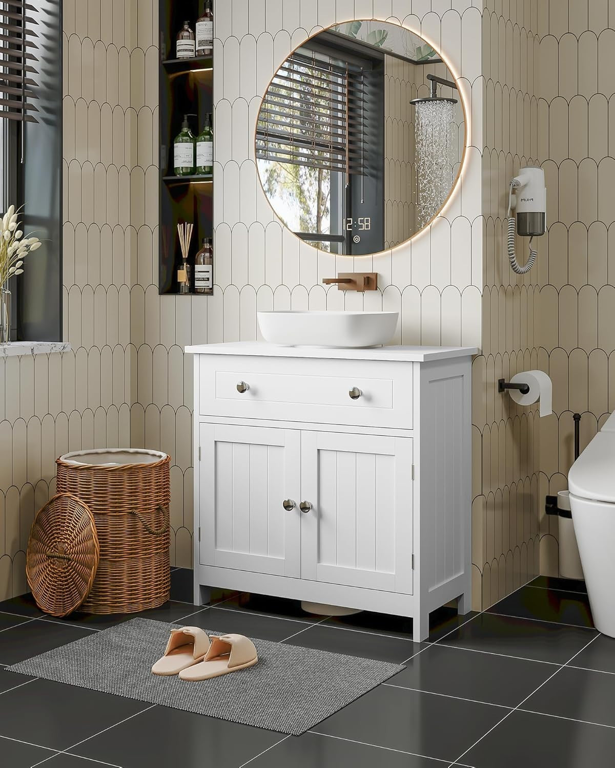 White Under Sink Bathroom Cabinet 60x30x60cm – 2 Doors & Drawer Storage