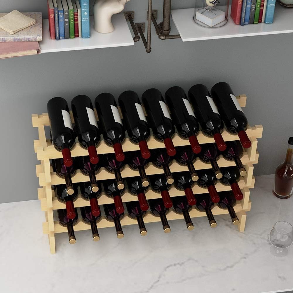 4-Tier Wooden Wine Rack 32 Bottle Storage | Natural Solid Wood Countertop