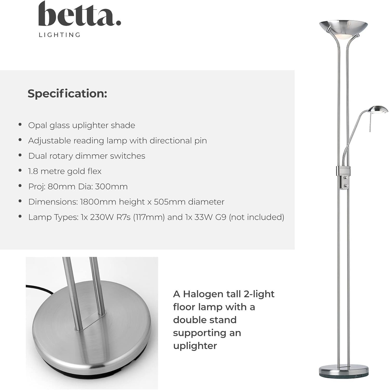 Mother Child Floor Lamp Uplighter Reading Light Satin Chrome Dimmable