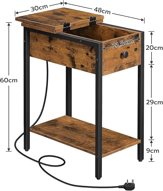 Slim Bedside Table with Charging Ports, Flip Top Storage, Rustic Narrow Side Tab