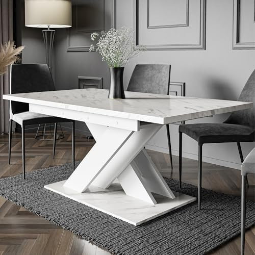 Extendable White Dining Table 140-180cm Modern Foldable Kitchen Table