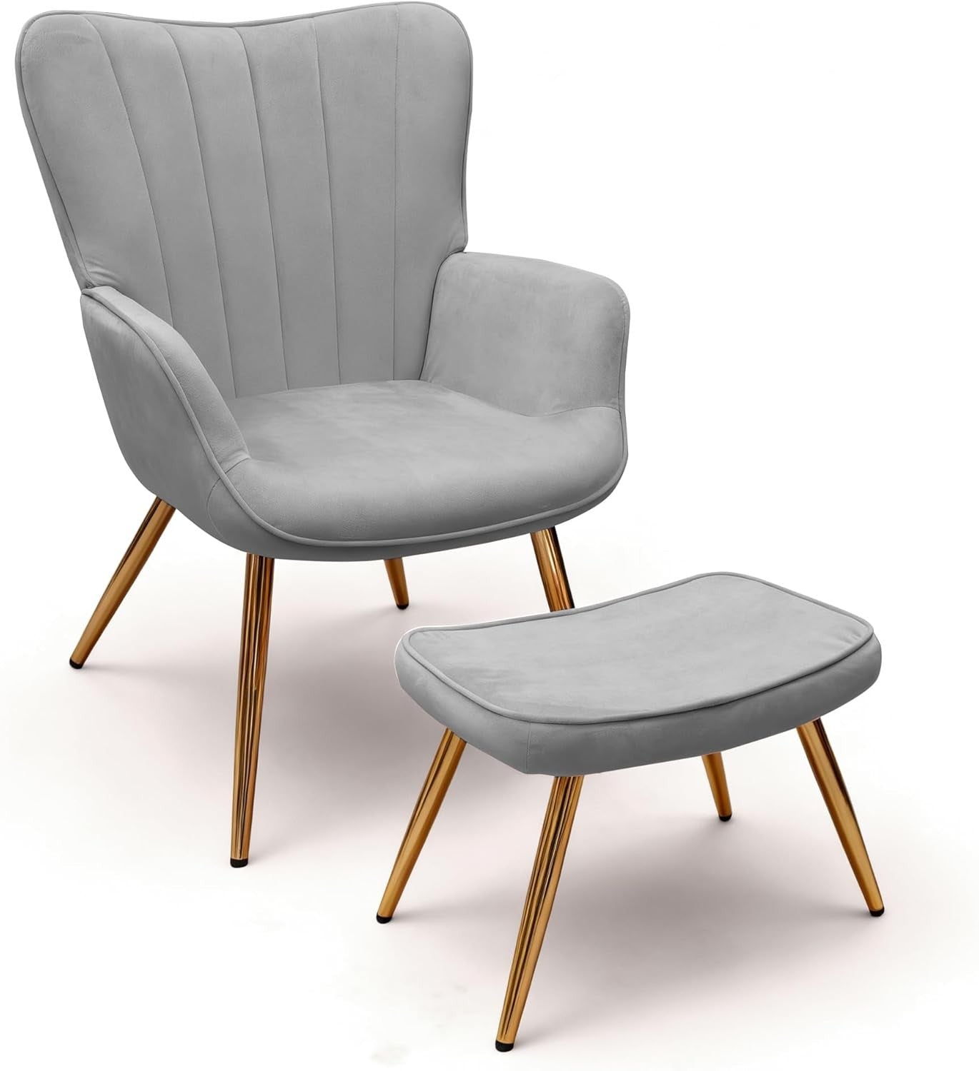 Wing Back Accent Armchair with Footstool Modern Lounge Chair Grey