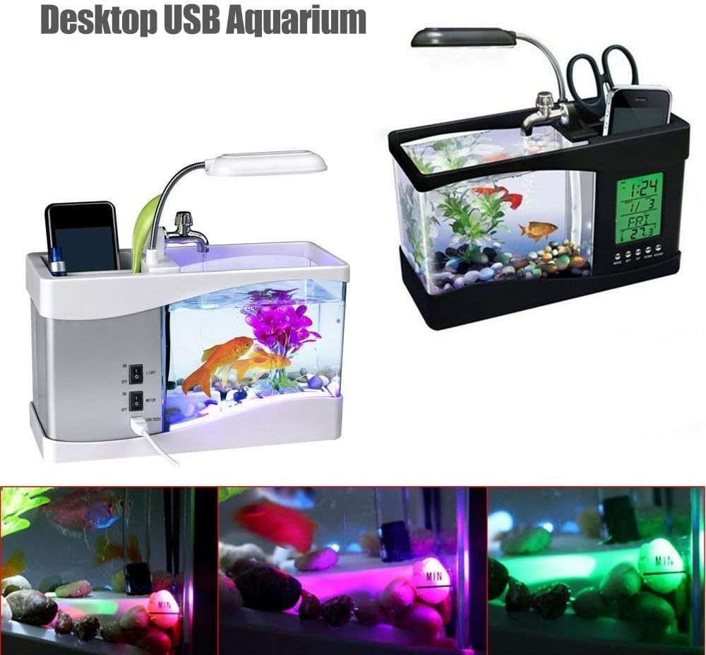 USB Desktop Mini Fish Tank Aquarium LED Lamp Clock Nature Sounds