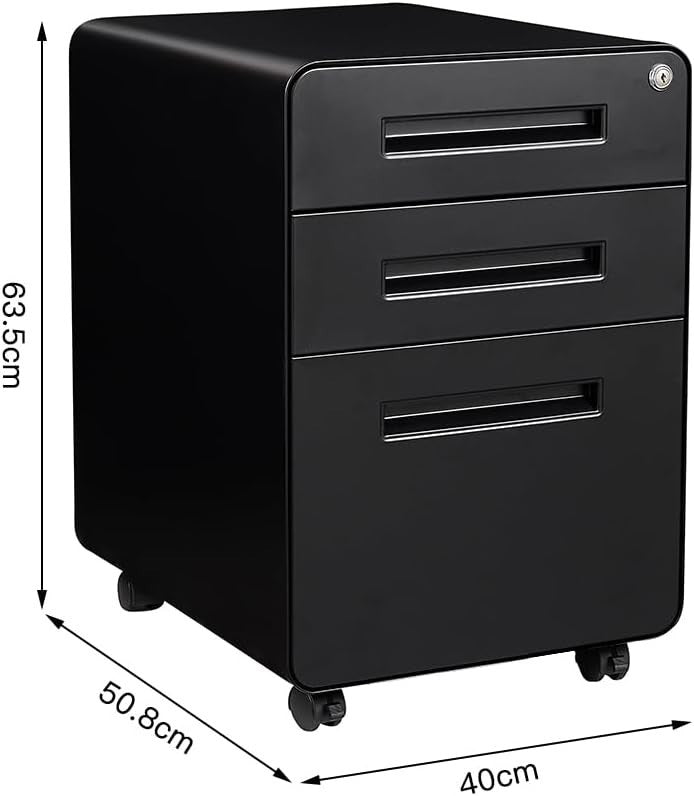 Black 3 Drawer Lockable Mobile File Cabinet 51x40x63.5cm