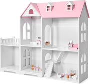2in1 Kids Dollhouse Wooden Bookcase 2-Storey Playset w/ 14 Furniture Pink