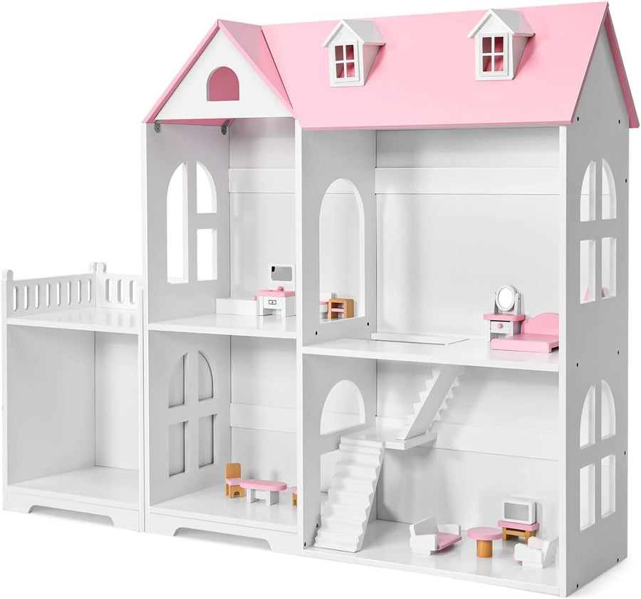 2in1 Kids Dollhouse Wooden Bookcase 2-Storey Playset w/ 14 Furniture Pink
