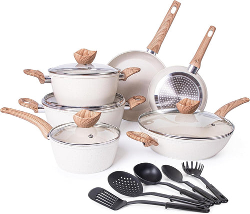 15pcs Cream Granite Non Stick Cookware Set – Induction Pots & Pans with Lids
