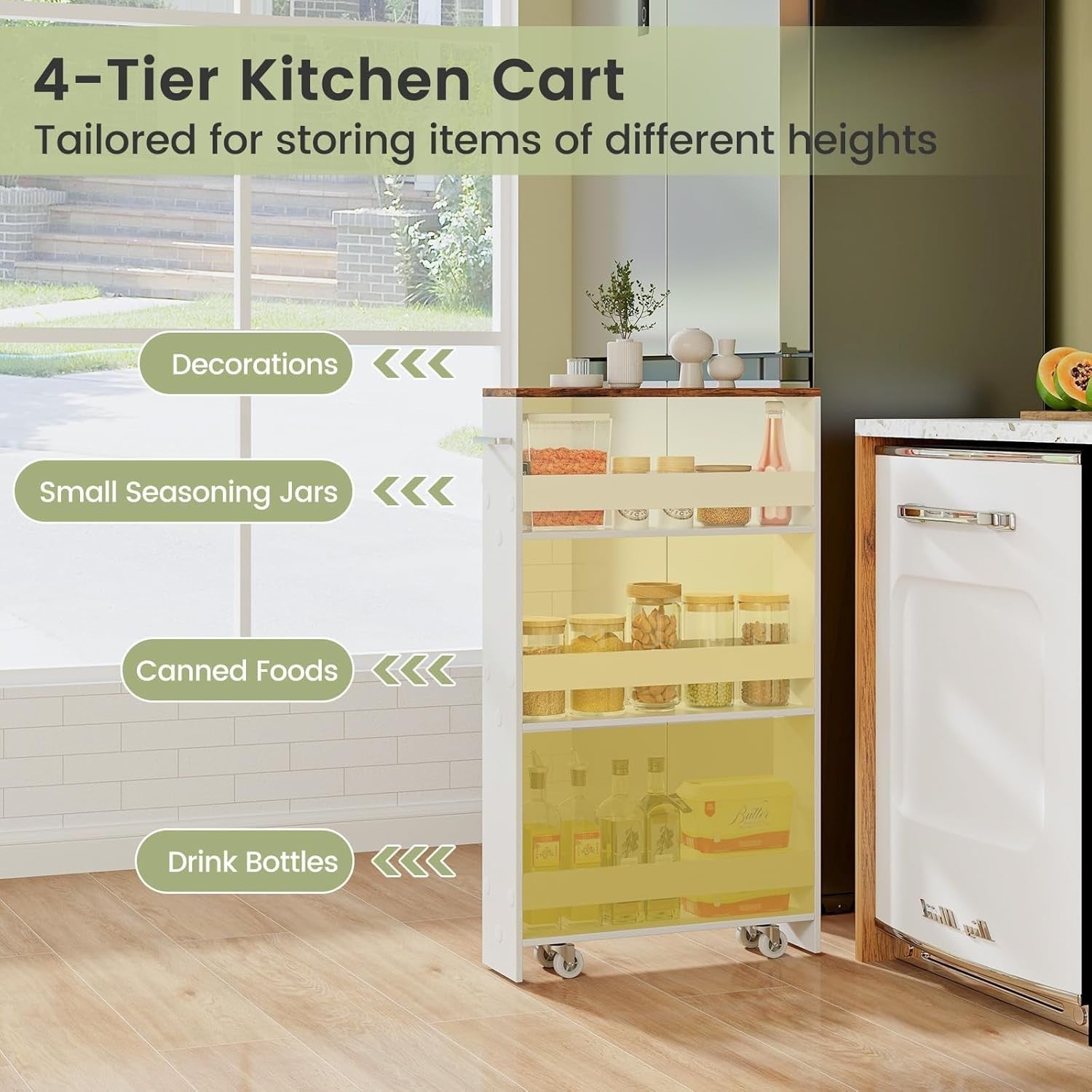 Slim Rolling Storage Cart 4 Tier Narrow Kitchen Organizer w/ Wheels