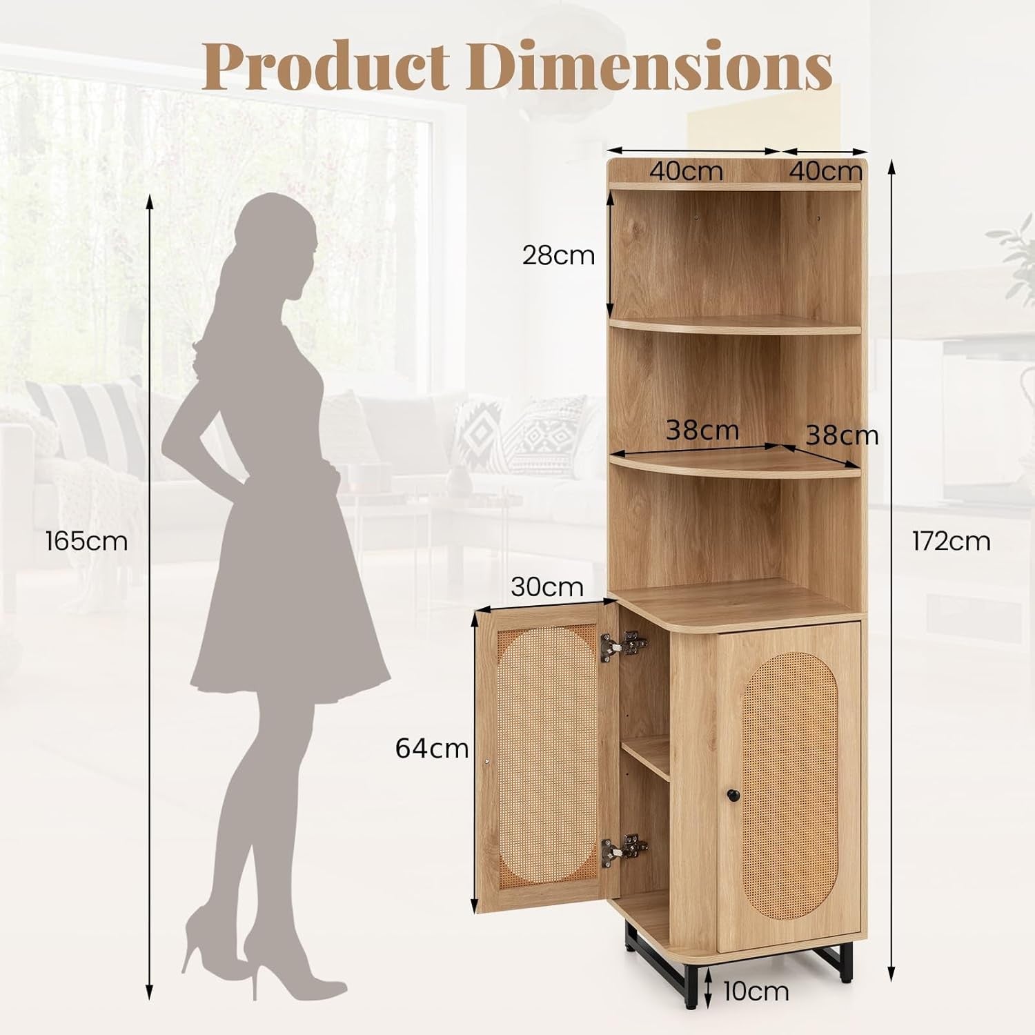 Tall Corner Storage Cabinet with Rattan Doors, 172cm Modern Shelving Unit