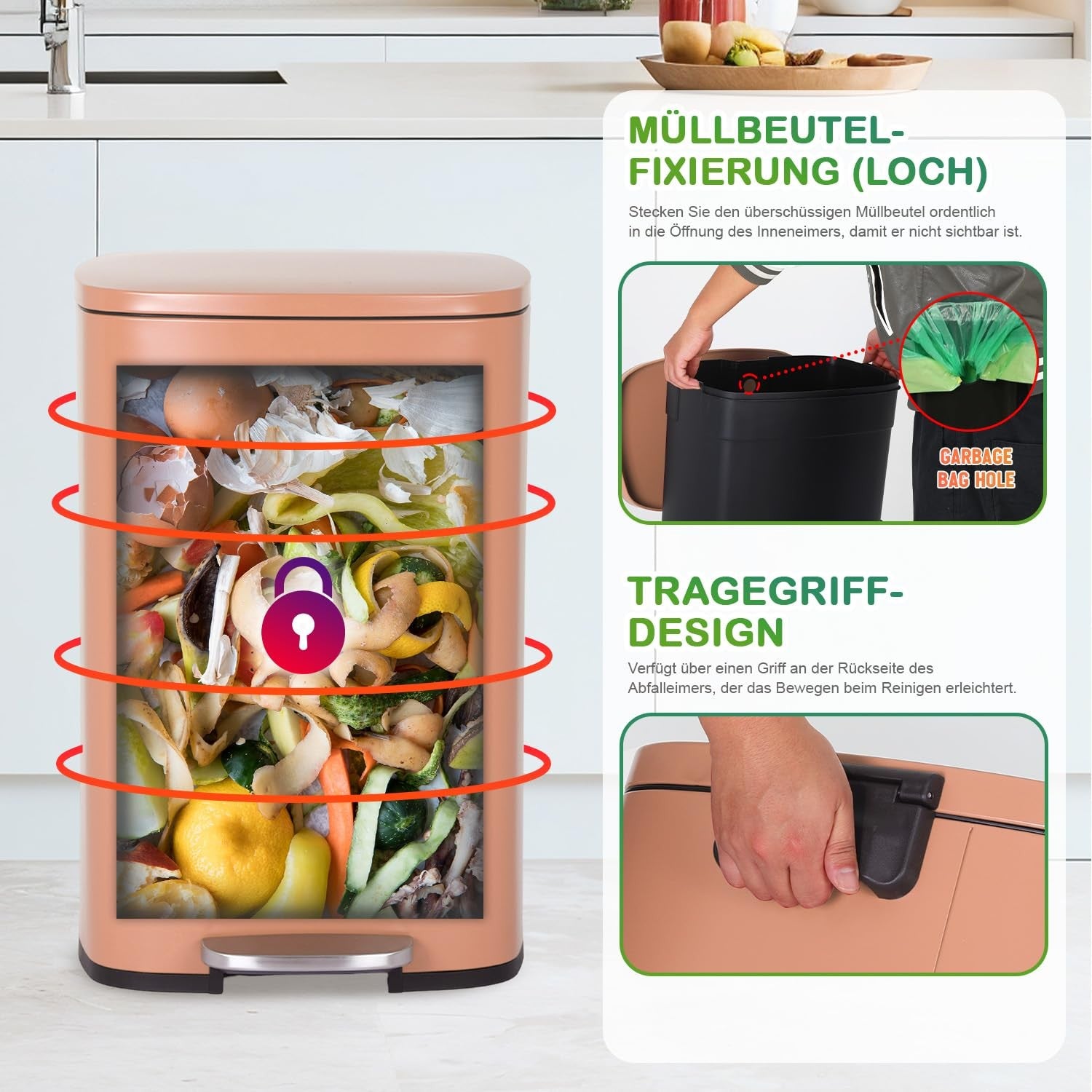 50L Stainless Steel Kitchen Bin Step On Lid Soft Close Pink