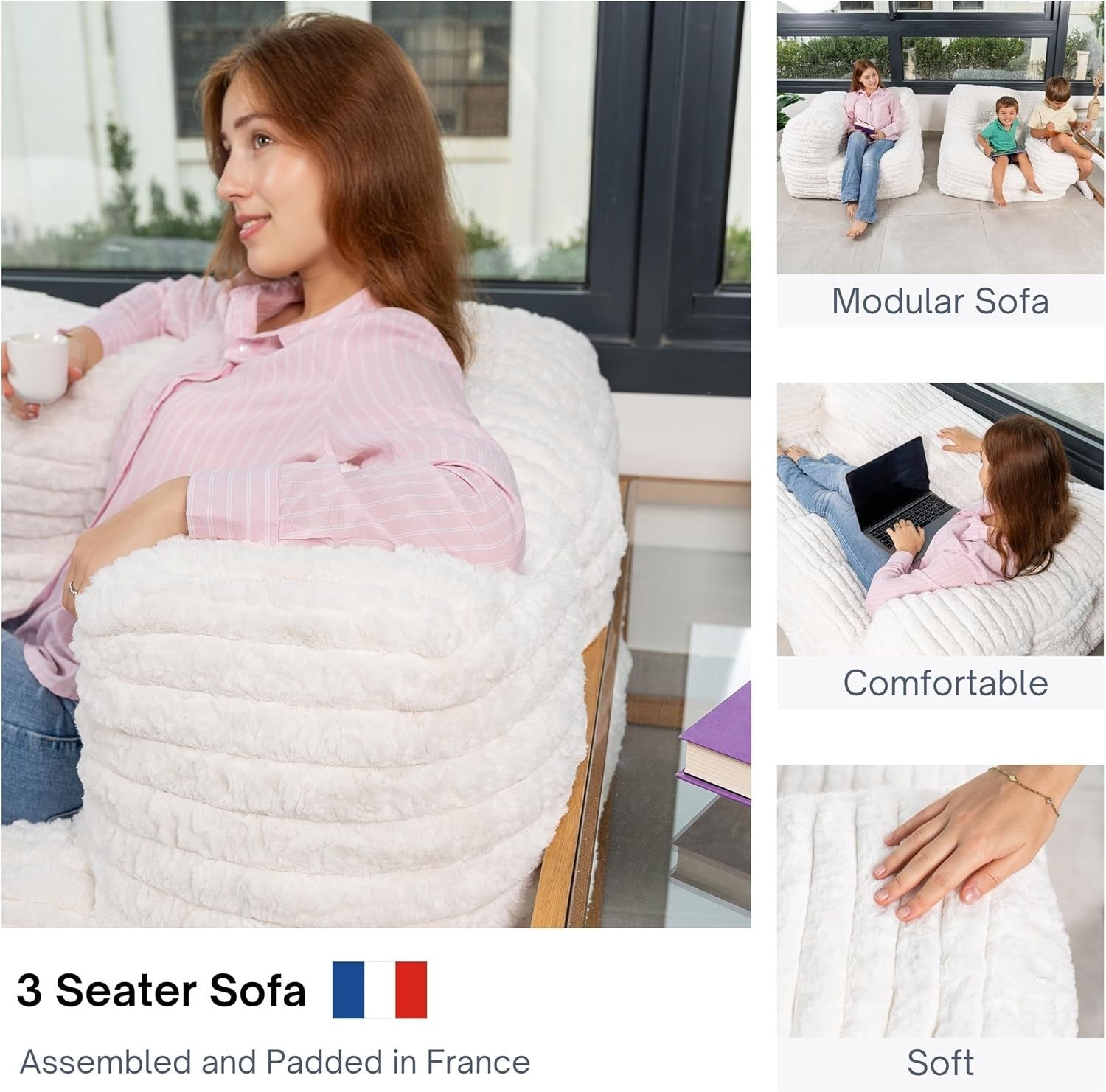 Modular 3 Seater Faux Fur Sofa Bed w/ Detachable Bean Bags, Soft & Plush